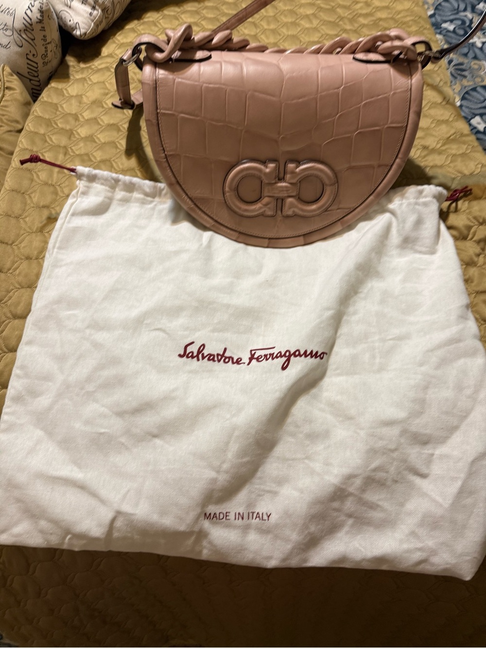 Salvatore Ferragamo Rose-Taupe Croc-Embossed Leather Shoulder Bag